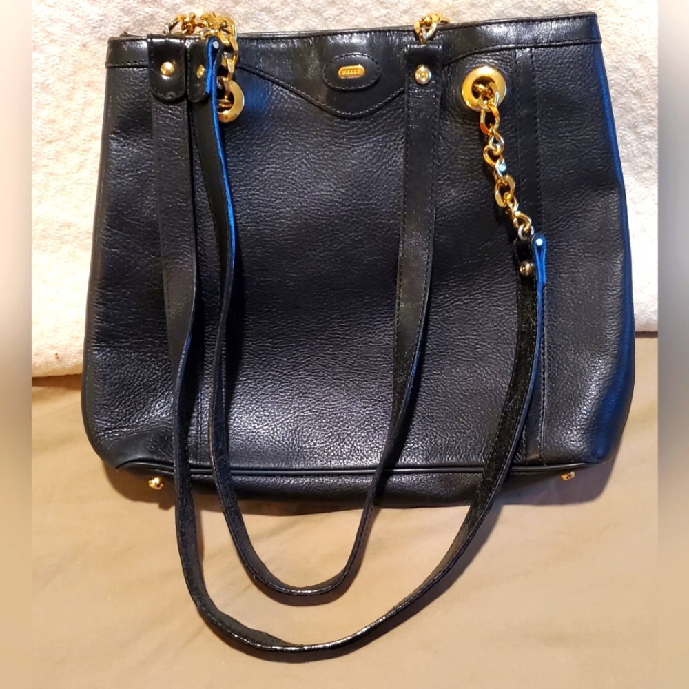 BALLY, Black Leather Bag with Gold Accents